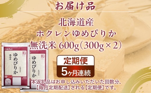 【5ヶ月定期配送】（無洗米600g）ホクレンゆめぴりか