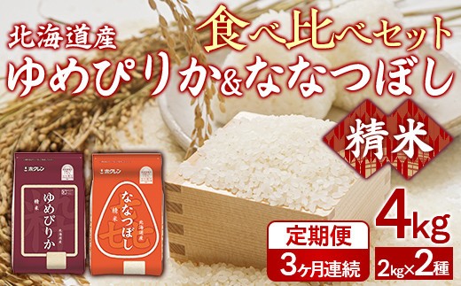 【3ヶ月定期配送】(精米4kg)食べ比べセット(ゆめぴりか、ななつぼし)