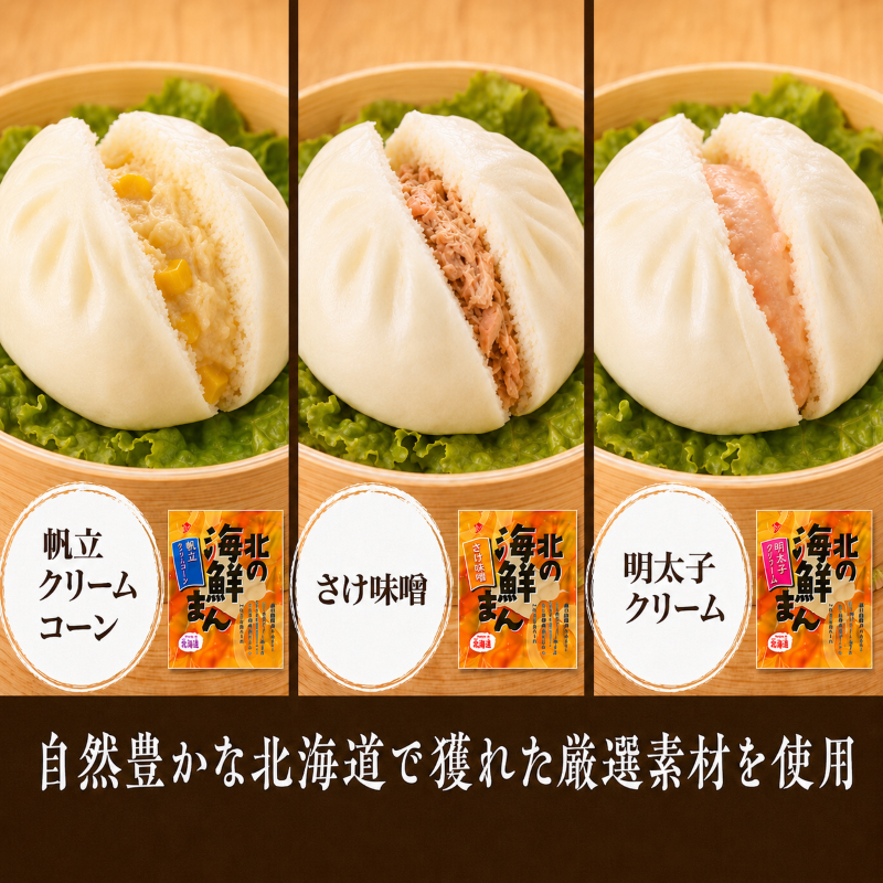 北海道産 海鮮まん 詰め合わせ 3種 3種計4個/3種計6個/3種計12個 冷凍 中華まん 簡単 厳選 素材 中華まん 鮭 さけ サケ イクラ 帆立 ホタテ ほたて 明太子 惣菜 中華まん おかず