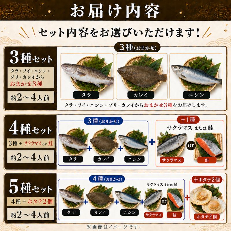 北海道産 天然 鮮魚 選べる 容量 おまかせ 3種～5種 セット 切り身 詰め合わせ 約2~4人前 冷凍 下処理済み 国産 パック 包装 便利 切身 タラ ソイ ニシン カレイ サクラマス サケ