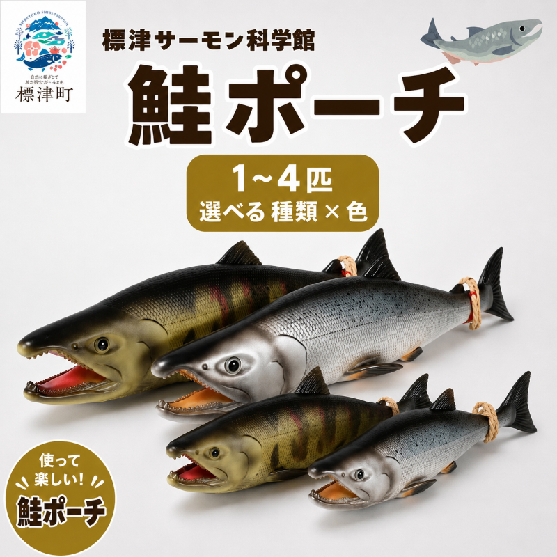 鮭ポーチ 選べる 1 ~ 4 匹 ( サイズ × 種類 ) 標津サーモン科学館 ポーチ GW 釣り ルアー 鮭 科学館 SL S Lサケ さけ 鮭 サーモン さーもん チョウザメ 北海道 標津町