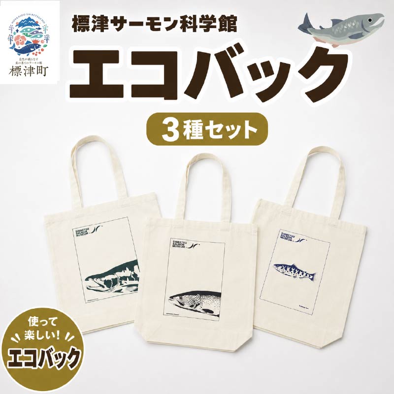 エコバック 3種セット 標津サーモン科学館 鮭 ポーチ 子供 子ども こども 水族館 科学館 GW  グッズ サケ さけ サーモン さーもん チョウザメ 小物入れ 魚 家族 北海道 標津町
