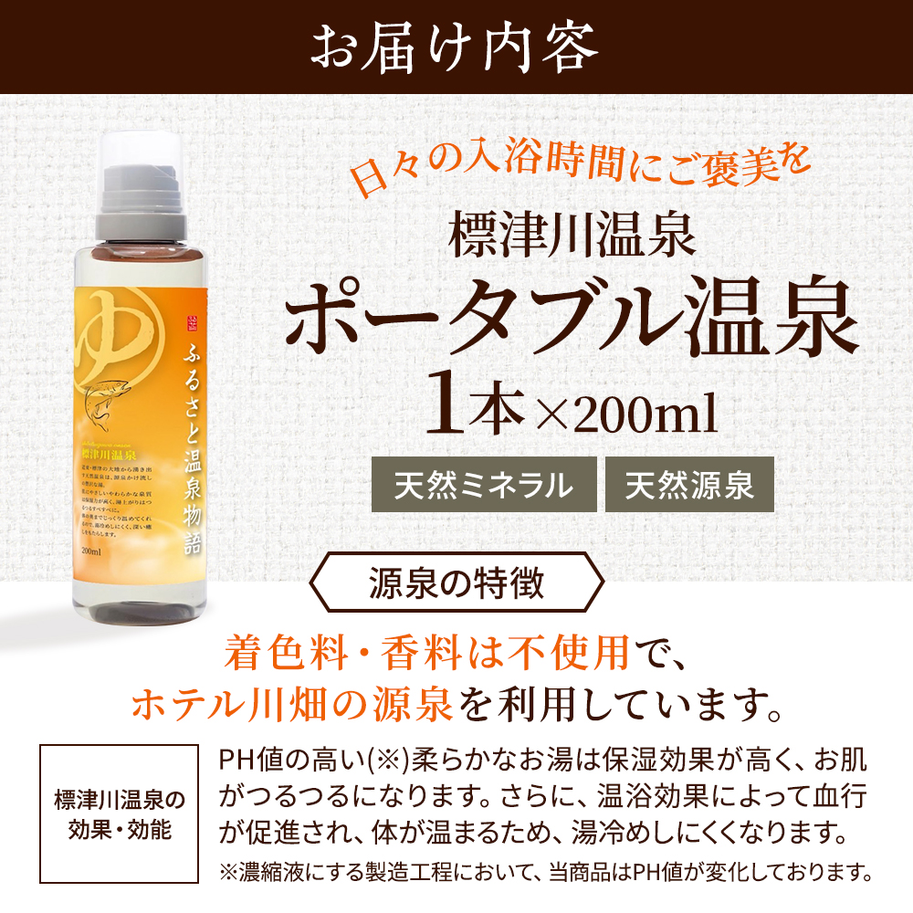 お家で温泉気分!  温泉の素 200ml 温泉ミネラル 入浴液 標津川温泉 天然 ミネラル 入浴剤 温泉 健康 温活 おんせん お家時間 おうち時間 おうちじかん ミネラルエキス 日用品 バス用品