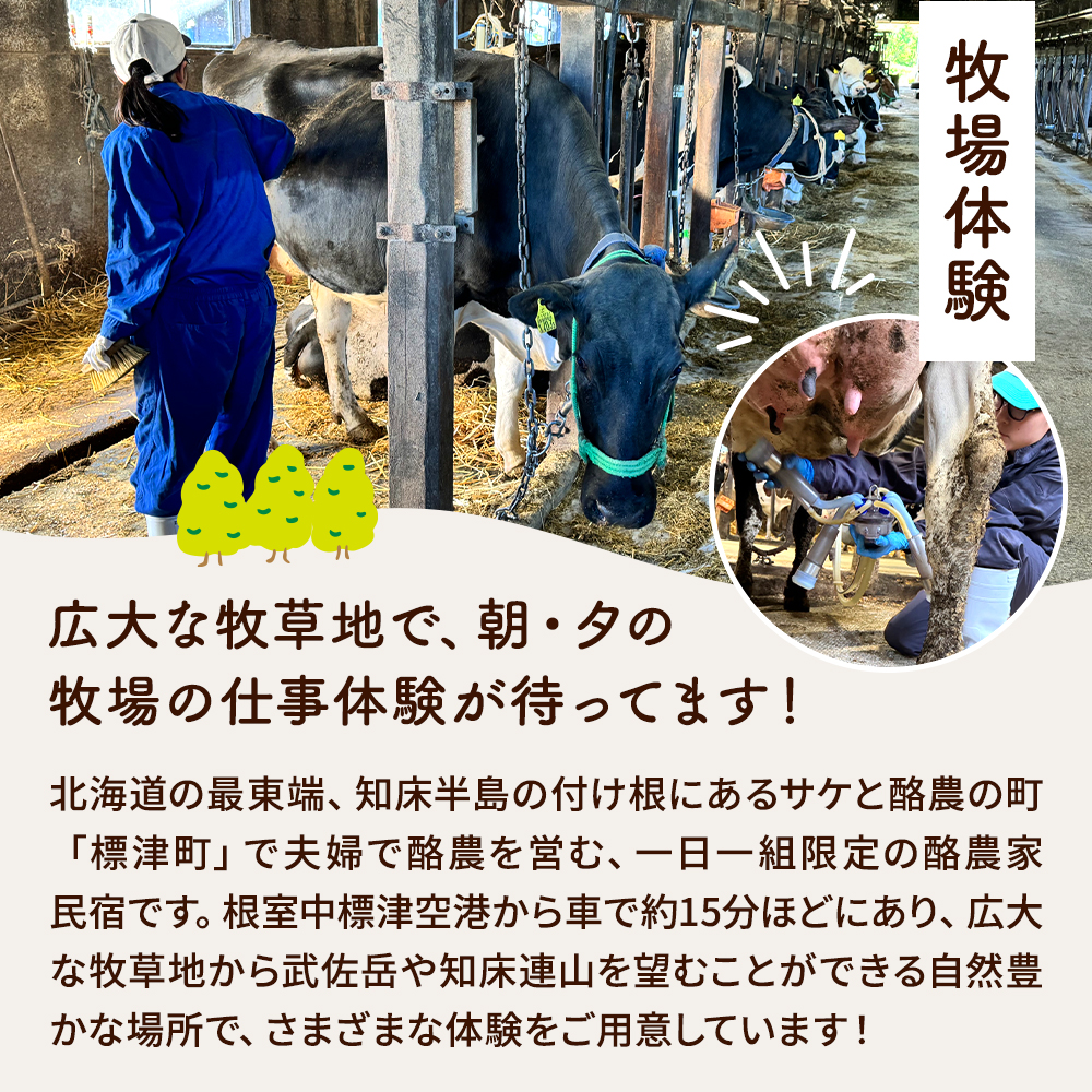標津町「Farmer's Houseあだちんち」 一泊二食 体験プログラム付 宿泊券 1名様分 体験 体験型 仕事体験 プログラム 宿泊 食事 食事券 旅行 チケット 旅行券 宿泊ギフト券 利用券