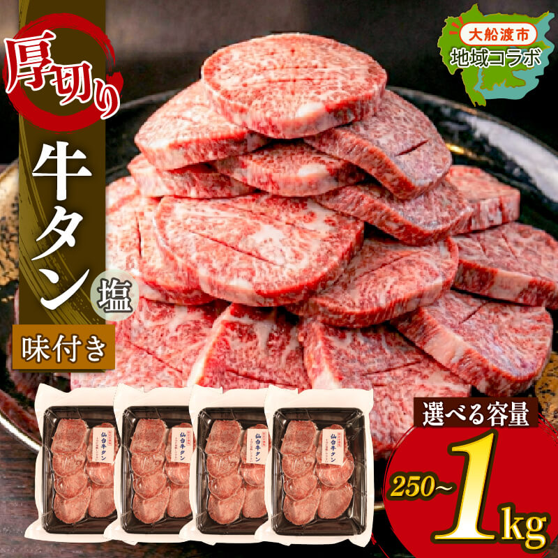 大人気! 牛タン 厚切り牛タン 塩味 選べる容量 250g 500g 1kg 単品 定期便 肉 牛肉 精肉 牛たん 牛タン塩 牛たん塩 冷凍 焼肉 BBQ アウトドア バーベキュー 厚切り タン 大船渡 大船渡市 三陸 岩手県