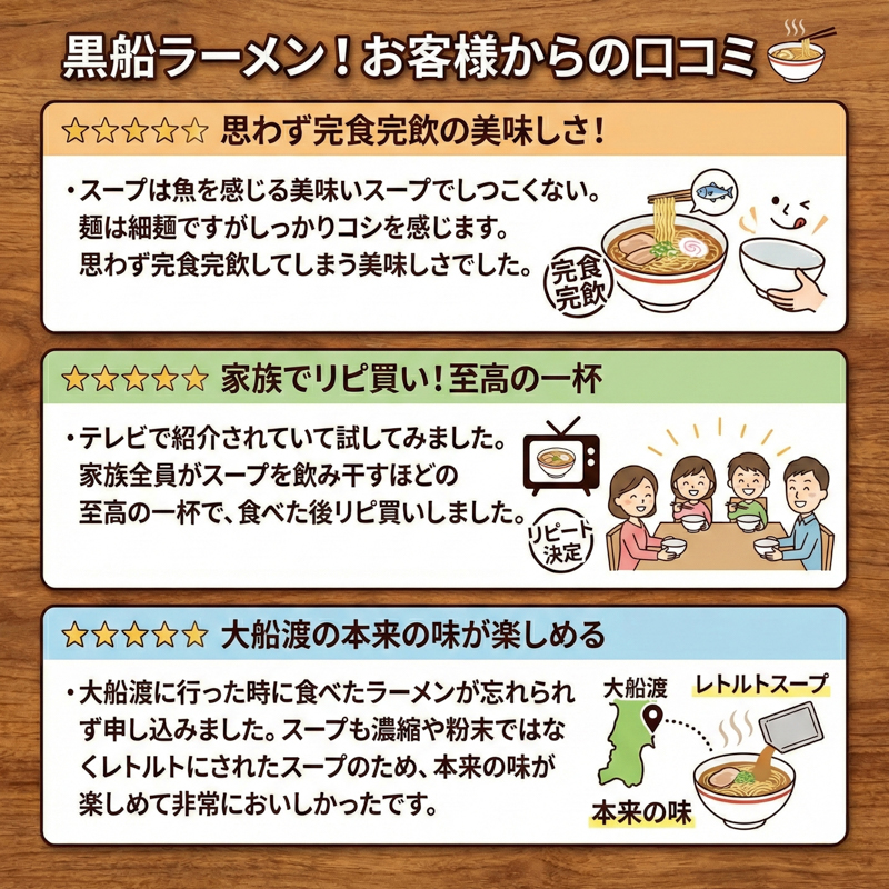 選べる容量 貝だし醤油ラーメン 3食/5食 具材付き ベビーホタテ スープ チャーシュー メンマ しょうゆラーメン 具材入り 真空 冷凍 惣菜 黒船 テレビ TV 被災 震災 火災 応援