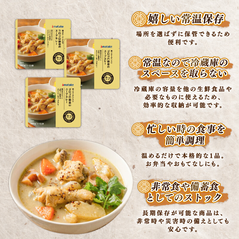 ゴロゴロ野菜のスープカレー 3袋 常温保存 レンジ 温めるだけ カレー 手羽 鶏肉 チキン 常温 備蓄 非常食 備蓄食料 備蓄品 スープ そのまま かれー スープカレー おかず すーぷ 小分け 健康