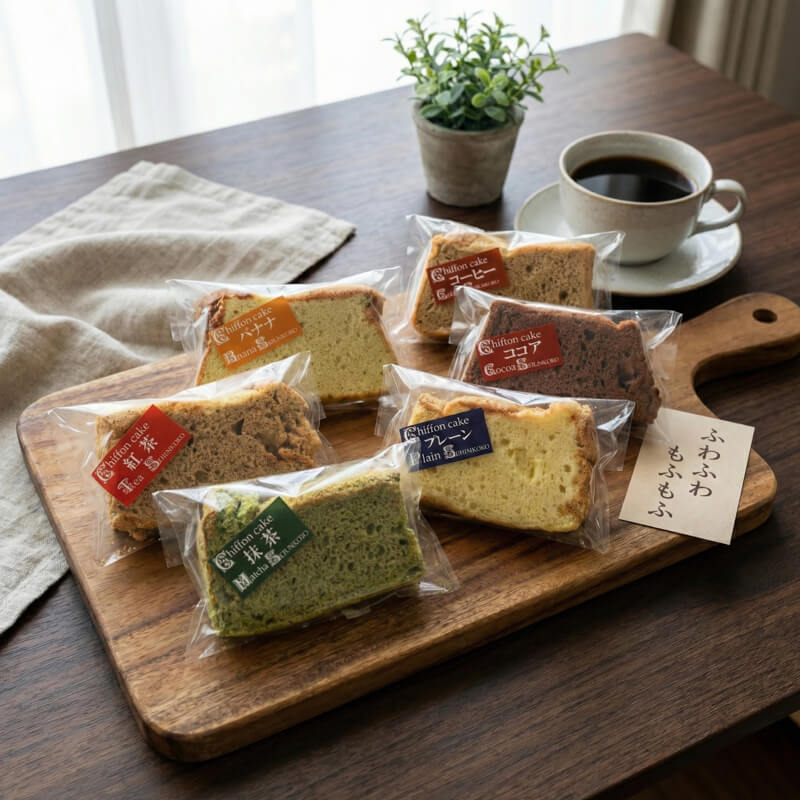 【思いやり型返礼品】 シフォンケーキ 12個 6種 ( バナナ / 紅茶 / 抹茶 / コーヒー / ココア / プレーン ) 各2個 大船渡 大船渡市 お菓子 菓子 洋菓子 おやつ 個包装 食べ比べ
