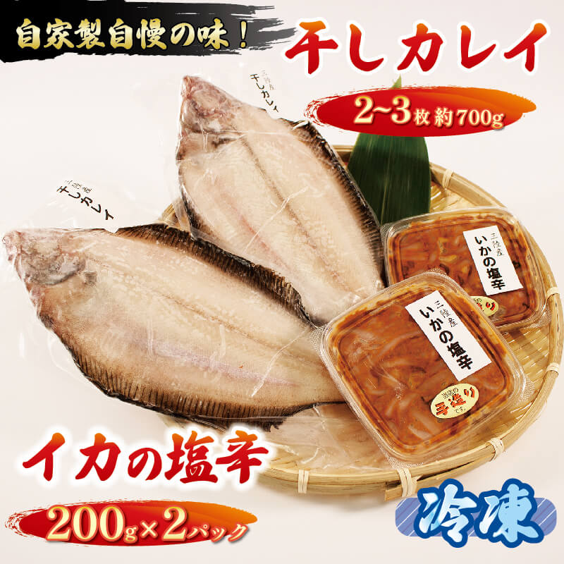 干しカレイ2～3枚 イカの塩辛 200g×2 パック セット かれい いか 烏賊 塩辛 おつまみ ごはん 晩酌 大船渡 大船渡市 三陸 岩手県