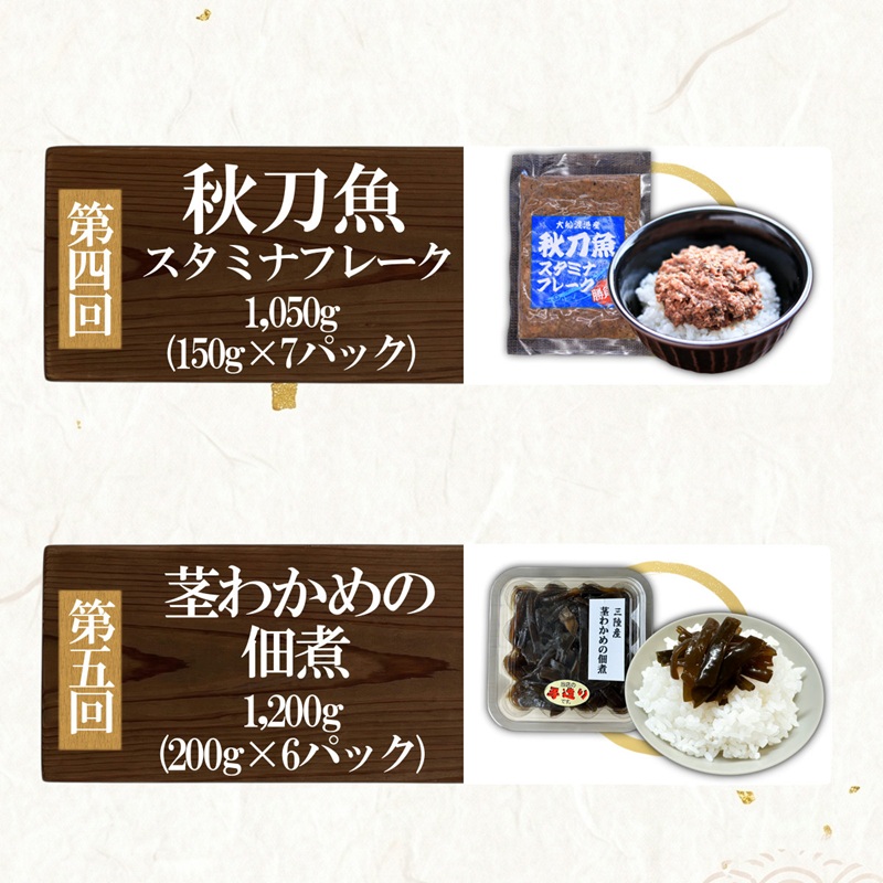 【全5回 大船渡定期便】 ごはんのお供 大船渡の味！！ 秋刀魚 鯖 牡蠣 燻製 イカ わかめ 佃煮 おかず つまみ さんま サンマ さば サバ いか ワカメ ご飯 白米 瓶 定期便 三陸 岩手 大船渡市