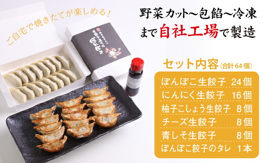 国産 冷凍 生餃子 食べ比べ 5種 計64個 タレ付き 【生餃子専門店ぽんぽこ】