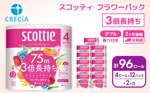 【 定期便 2ヶ月 】 トイレットペーパー 【 ダブル 】 スコッティ 75m 3倍長持ち (48ロール×2回：合計96ロール) ダブル ホワイト 香り付き 日用品 防災 備蓄 消耗品 新生活