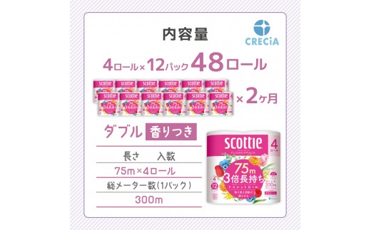 【 定期便 2ヶ月 】 トイレットペーパー 【 ダブル 】 スコッティ 75m 3倍長持ち (48ロール×2回：合計96ロール) ダブル ホワイト 香り付き 日用品 防災 備蓄 消耗品 新生活
