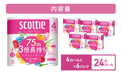 トイレットペーパー 【 ダブル 】 スコッティ 75m 3倍長持ち 24ロール ( 4ロール × 6パック) ダブル ホワイト 香り付き 日用品 防災 備蓄 消耗品 新生活 生活用品 生活雑貨