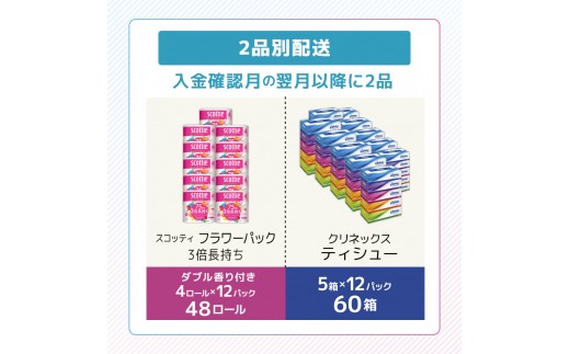 トイレットペーパー 48個 ティッシュ 60箱 クリネックス トイレットペーパー ダブル 3倍長持ち 香り付き フラワーパック 日用品 長持ち 防災 備蓄 消耗品 生活雑貨 生活用品 トイレット