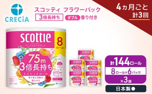 定期便 トイレットペーパー ダブル スコッティ 3倍長持ち 8ロール × 6パック《 4ヶ月ごと計 3回 》 フラワーパック [№5704-2007]