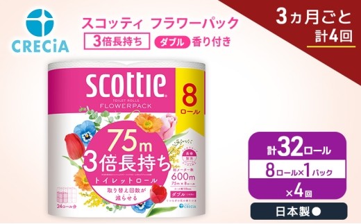 定期便 トイレットペーパー ダブル スコッティ 3倍長持ち 8ロール × 1パック《 3ヶ月ごと計 4回 》 フラワーパック [№5704-2008]