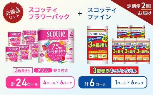 【 6ヶ月ごと計 2回お届け 】キッチンペーパー 6パック入 スコッティ ファイン 1ロール 150カット トイレットペーパー ダブル 4ロール × 6パック フラワーパック [№5704-1759]
