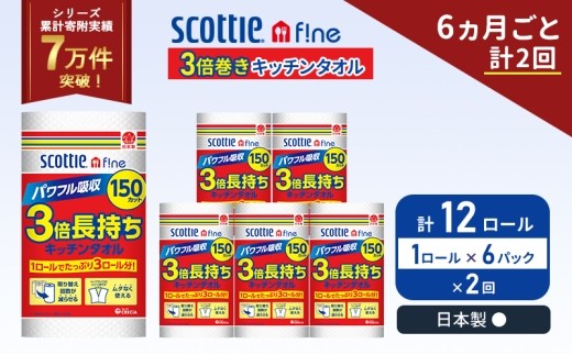 定期便 キッチンペーパー 6パック入 キッチンタオル スコッティ ファイン 1 ロール 3倍 150カット セット《 6ヶ月ごと 計  2回 》 [No.5704-1093]