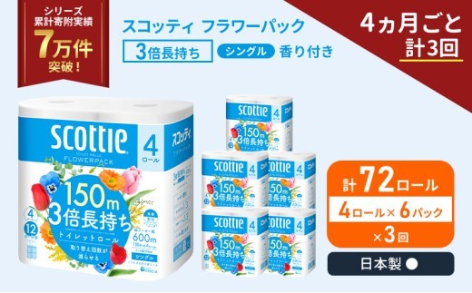 定期便 トイレットペーパー シングル スコッティ フラワーパック 3倍長持ち 72ロール ( 4ロール × 6パック ) 《 4ヶ月ごと 計  3回 》香り付き  [No.5704-1184]