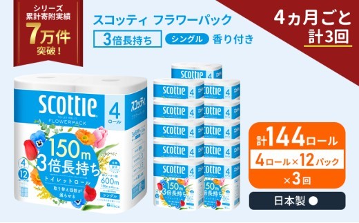 定期便 トイレットペーパー シングル スコッティ フラワーパック 3倍長持ち 144ロール ( 4ロール × 12パック ) 《 4ヶ月ごと 計  3回 》香り付き [No.5704-1185]