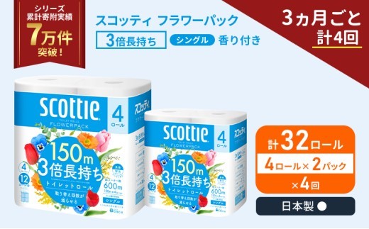 定期便 トイレットペーパー シングル スコッティ フラワーパック 3倍長持ち 32ロール (4ロール × 2パック) 《 3ヶ月ごと 計  4回 》香り付き [No.5704-1186]