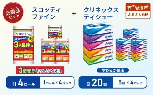 ティッシュ 20箱 キッチンペーパー 4個 キッチンタオル スコッティ ファイン 1 ロール 3倍 150カット ティッシュペーパー BOXティッシュ 箱ティッシュ 日用品 消耗品 生活用品 常備品