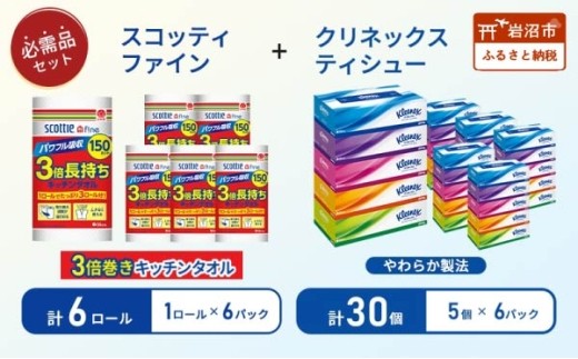 ティッシュ 30箱 キッチンペーパー 6個 クリネックス キッチンタオル スコッティ ファイン 1 ロール 3倍 150カット ティッシュペーパー BOXティッシュ 箱ティッシュ 日用品 消耗品