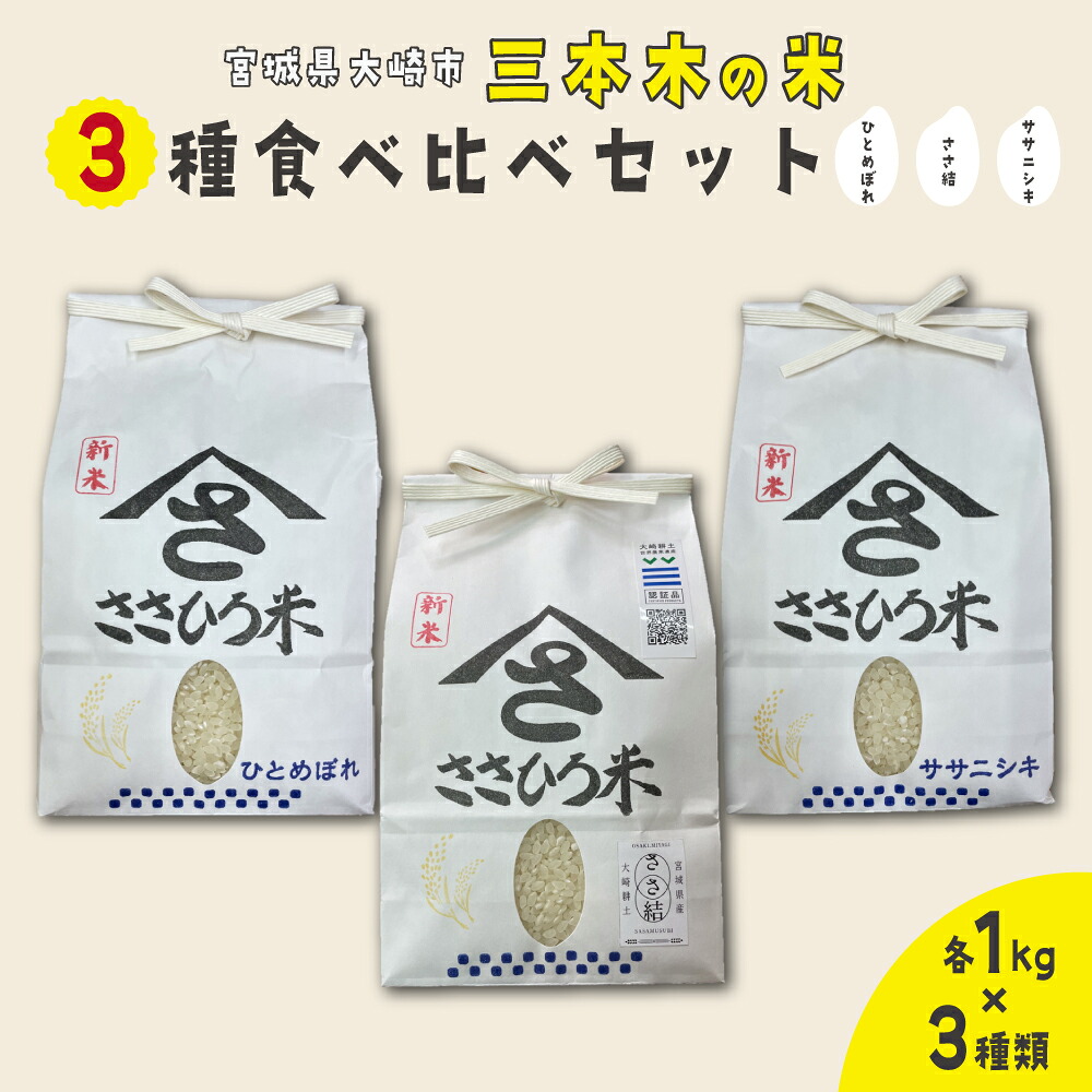 【令和7年産】三本木の米 3種 食べ比べセット 計3kg （ササニシキ・ひとめぼれ・ささ結 各1kg）ささひろ米 佐々広商店｜宮城県大崎市 [sh001-r7]