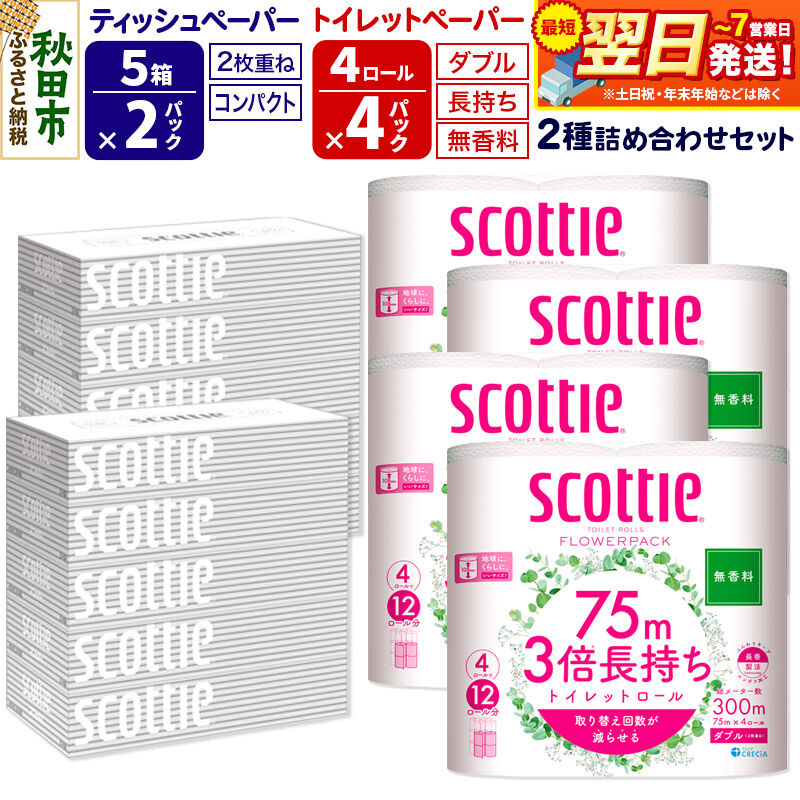 トイレットペーパー スコッティ 3倍長持ち 無香料 4ロール(ダブル)×4P ＆ ティッシュペーパー スコッティ10箱(5箱×2P) 秋田市オリジナル 最短翌日発送
