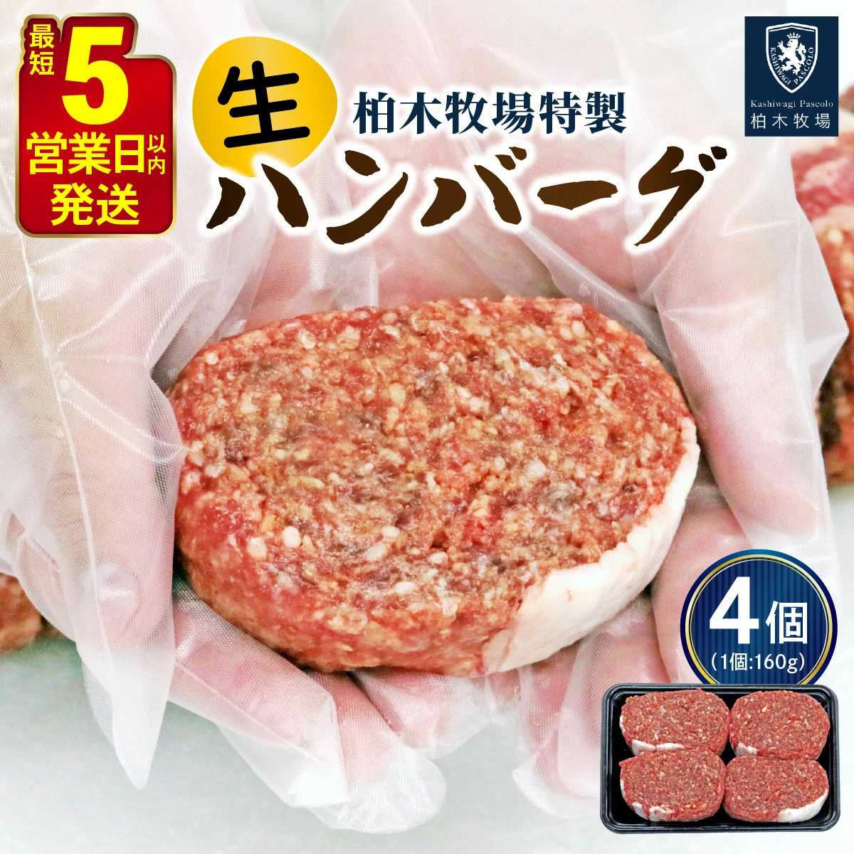 [5営業日以内発送] 柏木牧場特製 生ハンバーグ 160g×4個 [国産牛100%] ジュワッと肉汁まで美味い！(冷蔵配送) [0354]