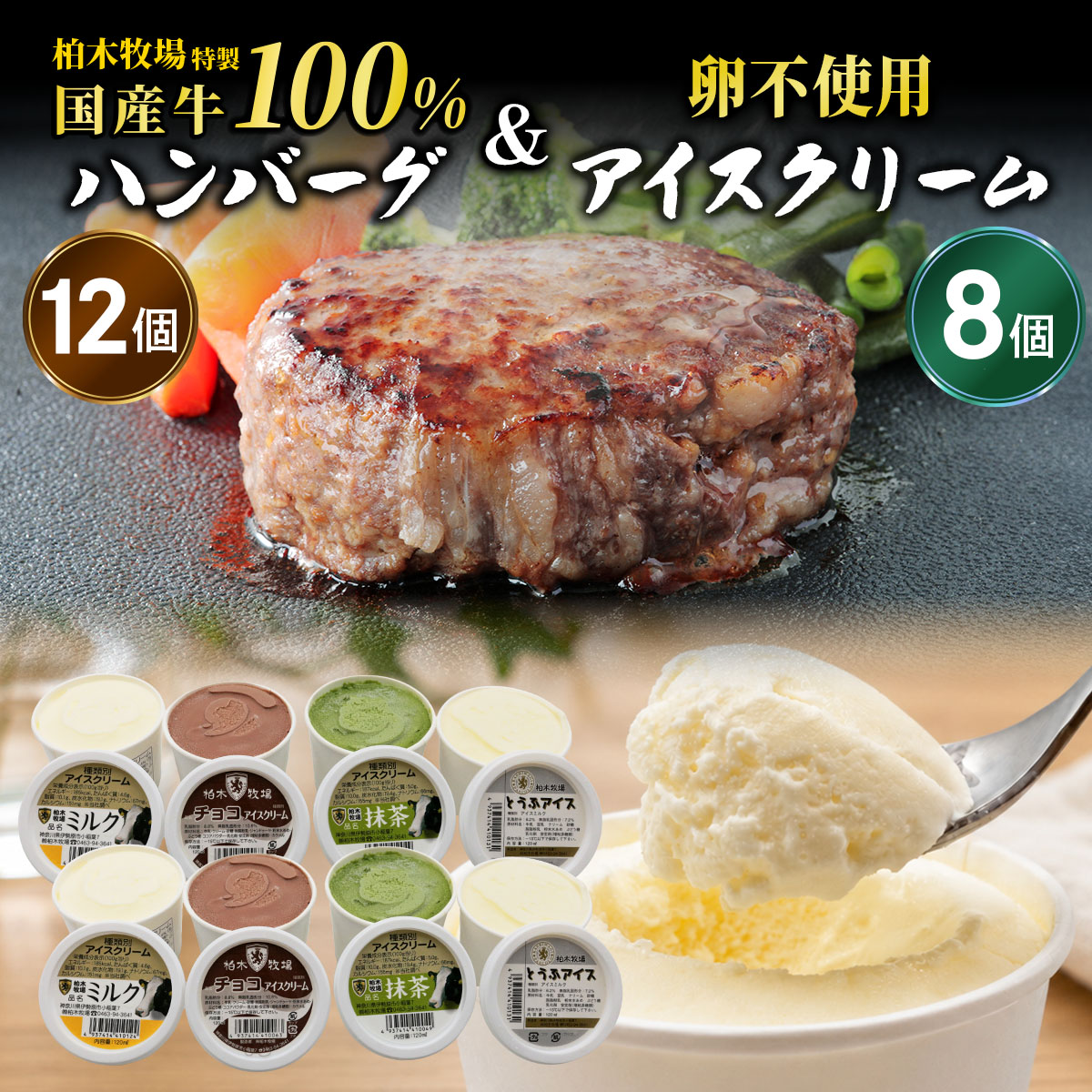 《柏木牧場》国産牛100%ハンバーグ 12個＆卵不使用 アイスクリーム 8個セット｜牛肉 牛 ハンバーグ アイス アイスクリーム  [1383]