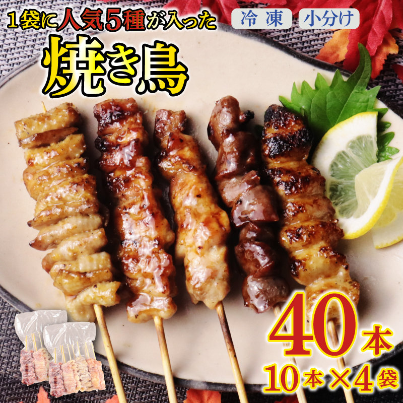 焼き鳥 5種盛 40本 (10本×4袋) もも 皮 せせり 砂肝 ぼんじり  小分け やきとり 焼鳥 鶏肉 とりにく とり 鳥 鶏 串 串焼き おつまみ あて ビール BBQ satofoods005_01