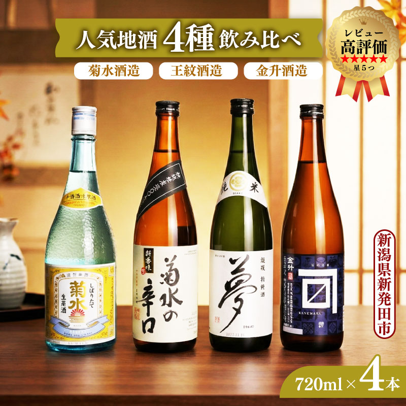 日本酒 4種 飲み比べ セット 贈答用 新発田 蔵元 720ml×4本 新潟 地酒 日本酒 新潟県 新発田市 飲み比べ 四合瓶 菊水 王紋 金升 正月 おせち ギフト shinbo002_01P