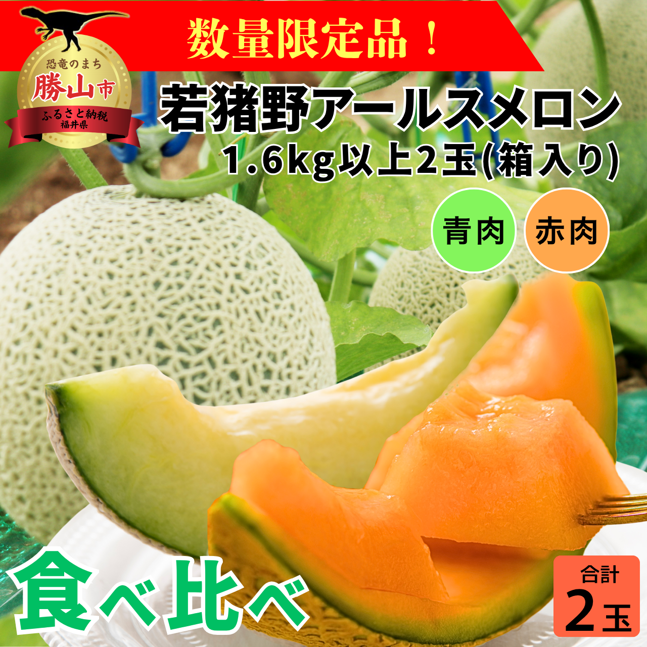 【ふるさと納税】【令和9年産　先行予約・数量限定】 福井県勝山産　若猪野アールスメロン 食べ比べ（赤肉・青肉 各1玉 計2玉・1.6kg以上） ※2027年7月下旬より順次発送 [A-011019]