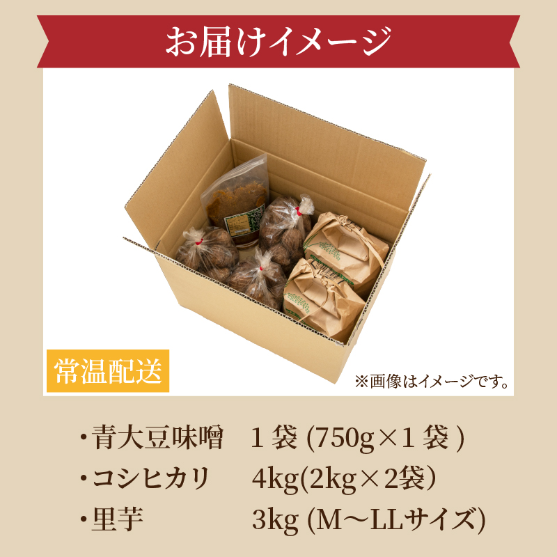 【ふるさと納税】【令和８年産】コシヒカリ４kg・里芋3kg（M～LLサイズ混合）・青大豆みそ１袋セット [B-020010]