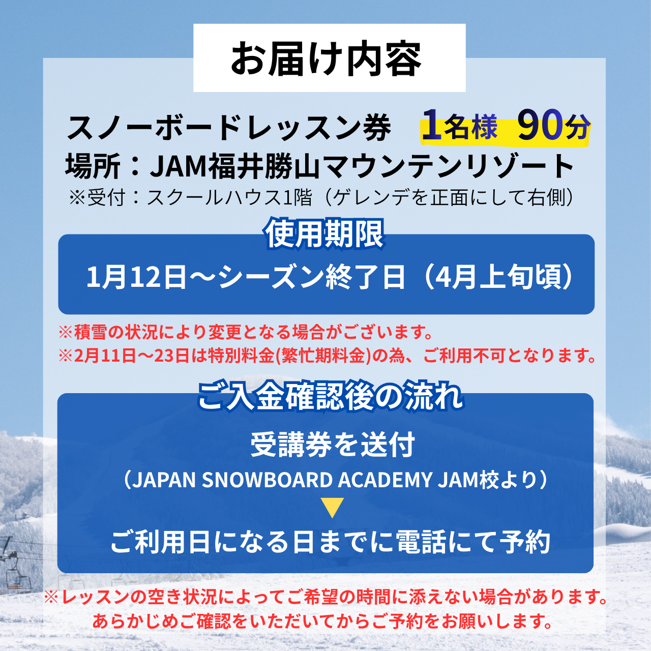 【ふるさと納税】JSAスノーボードレッスン受講券(プライベート1名90分) / スキー場 チケット 券 体験 レッスン 受講券 アクティビティ JAM福井勝山マウンテンリゾート アウトドア 北陸 福井県 勝山市