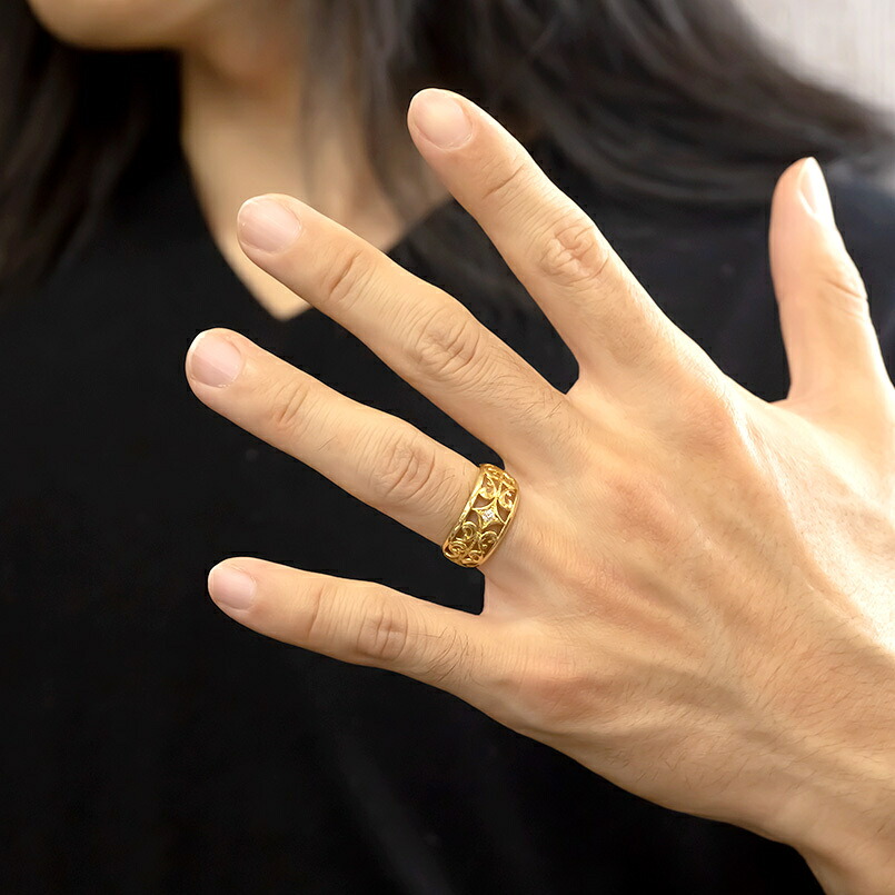 純金 リング 指輪 24金 ダイヤモンド ゴールド k24 24k ダイヤ 0.07ct アラベスク 唐草 透かし プレゼント ジュエリー シンプル 211217100dk24m SWAA016