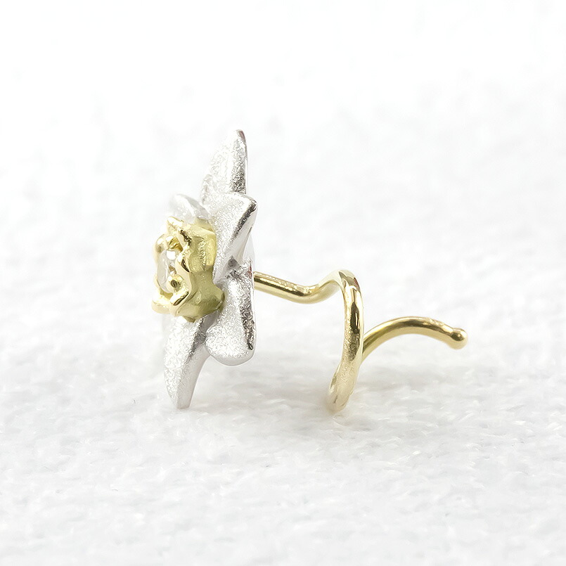 純プラチナ 18金 ピアス ダイヤ 水仙 キャッチのいらないピアス 片耳 つけっぱなし フラワー 花 ダイヤモンド イエローゴールドK18 18k ゴールド 221006101u SWAA052