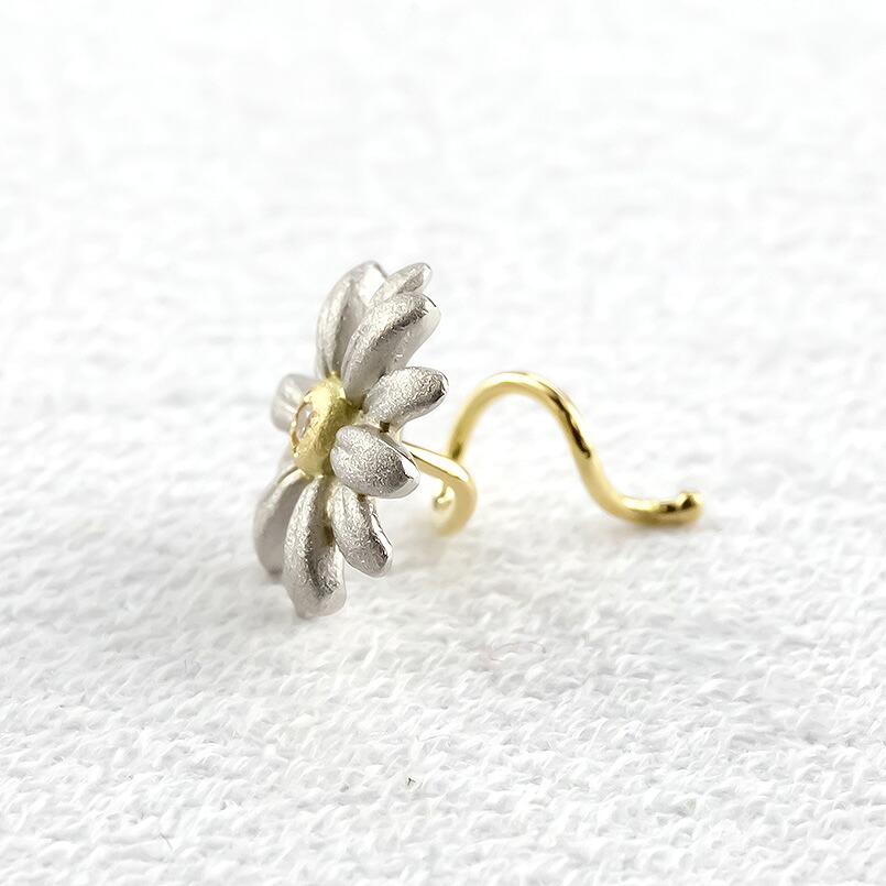 純プラチナ 18金 ピアス ダイヤ マーガレット キャッチのいらないピアス 片耳 つけっぱなし フラワー 花 ダイヤモンド イエローゴールドK18 ゴールド 220928100u SWAA053