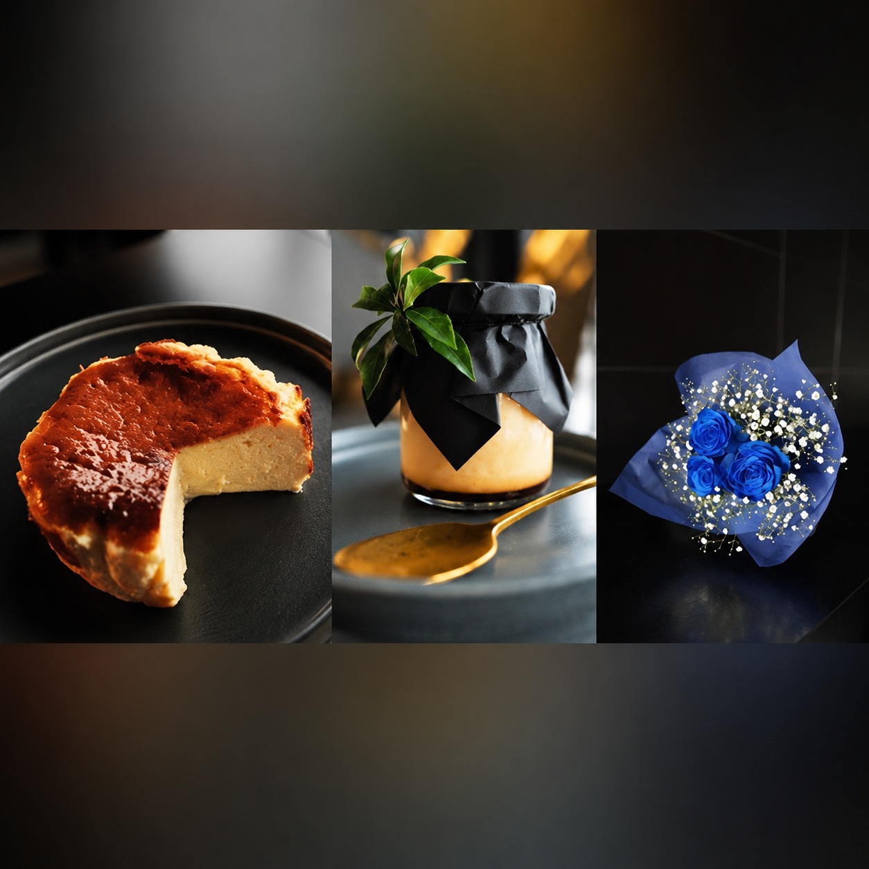 お花屋さんの下諏訪バスクチーズケーキ＆下諏訪町プリン8個＆青いバラ3本とかすみ草の花束　048-017