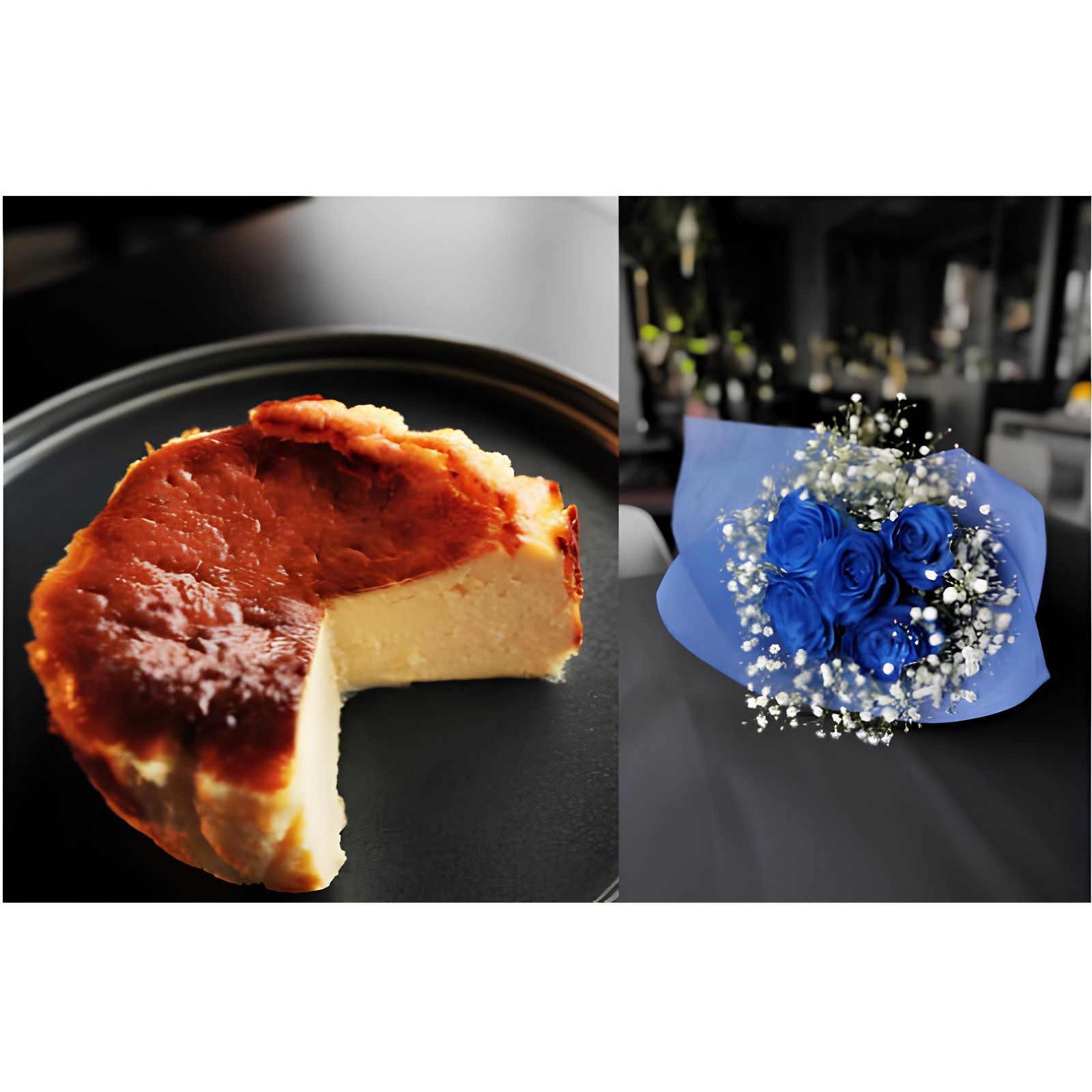 お花屋さんの下諏訪バスクチーズケーキ＆青いバラ3本とかすみ草の花束　048-010