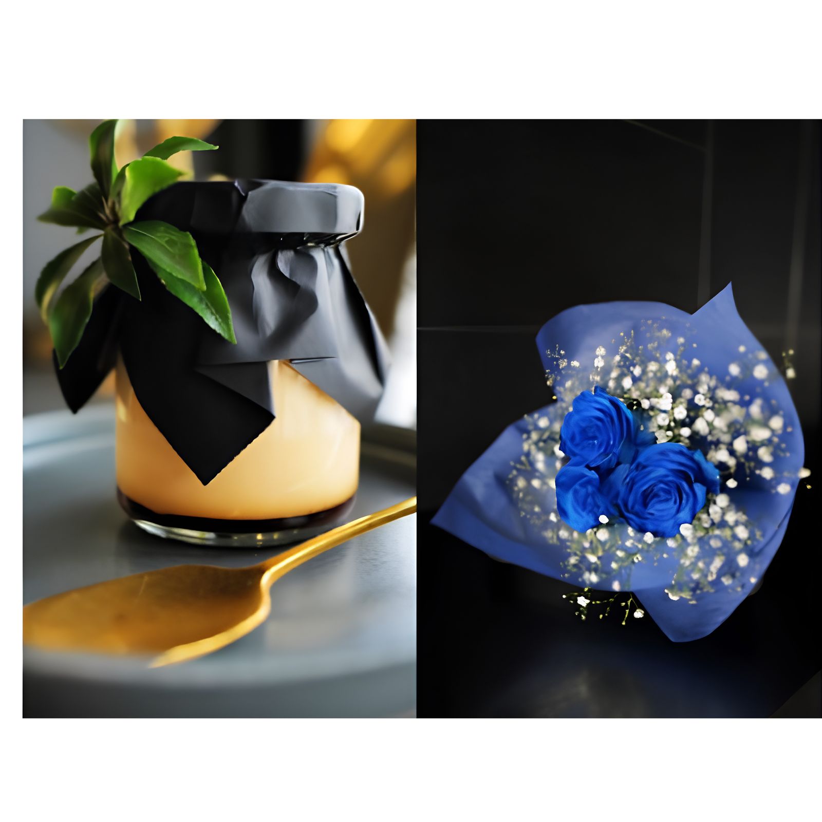 お花屋さんの下諏訪町プリン4個＆青いバラ3本とかすみ草の花束　048-007