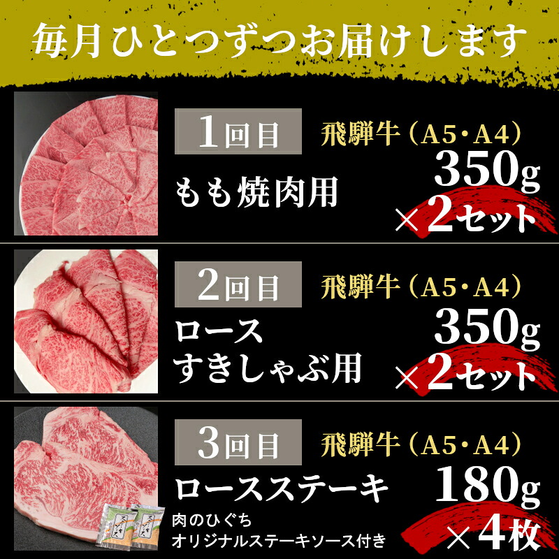 全6回 飛騨牛 定期便 約4.22kg 4人前 すき焼き しゃぶしゃぶ ステーキ 焼肉 BBQ ロース カタロース ロースステーキ モモ カタ 贅沢 贈り物 6ヶ月 定期 おすすめ 肉のひぐち