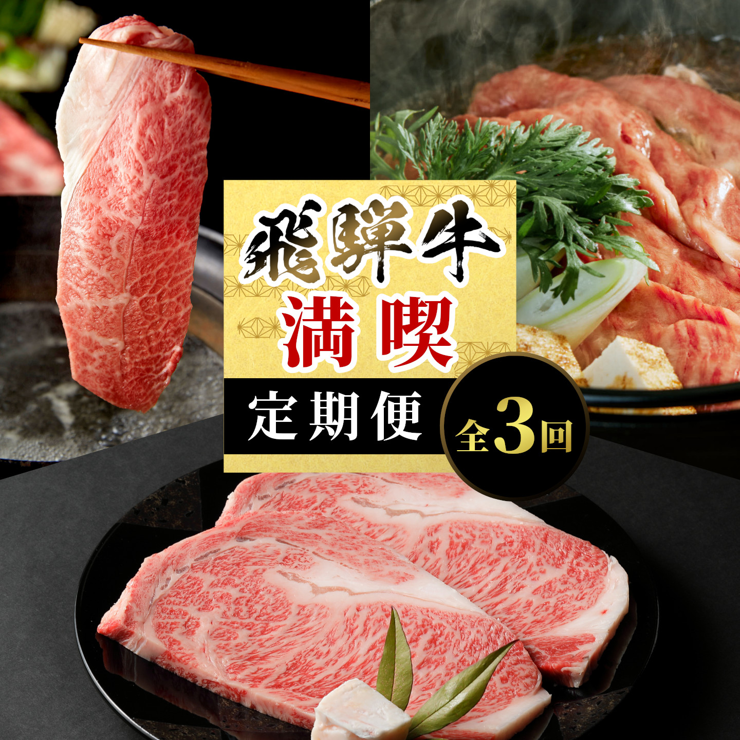 飛騨牛 満喫定期便 全3回 すき焼き しゃぶしゃぶ ステーキ 焼肉 BBQ ロース 肩ロース ロースステーキ サーロインステーキ 贅沢 贈り物 3ヶ月 定期 おすすめ 選べる 牛 肉 和牛 養老ミート