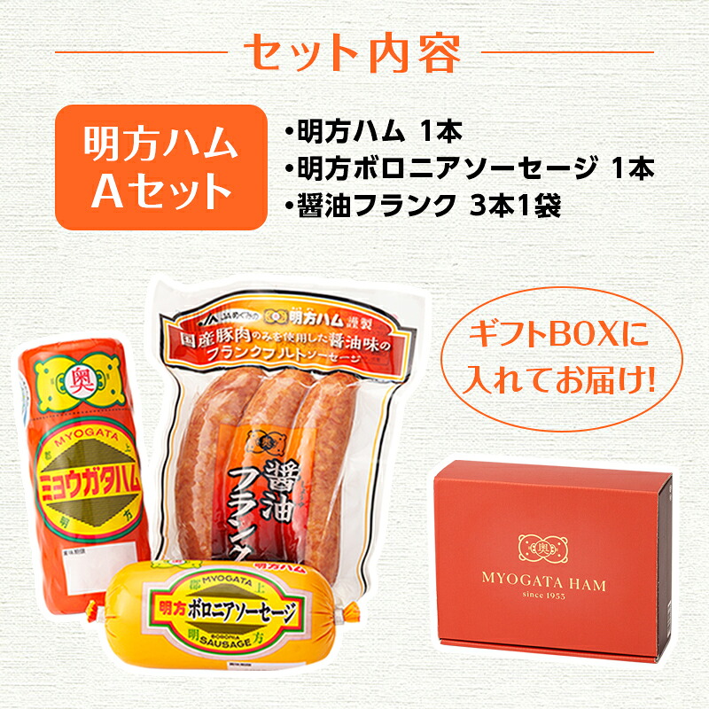 明方ハム 詰め合わせ Aセット 国産 豚肉 プレスハム ハム ギフト 贈り物 お祝い 本格ハム ソーセージ ウインナー 高級 人気 セット 簡単調理 おかず お弁当 朝食 加工肉 JAめぐみの