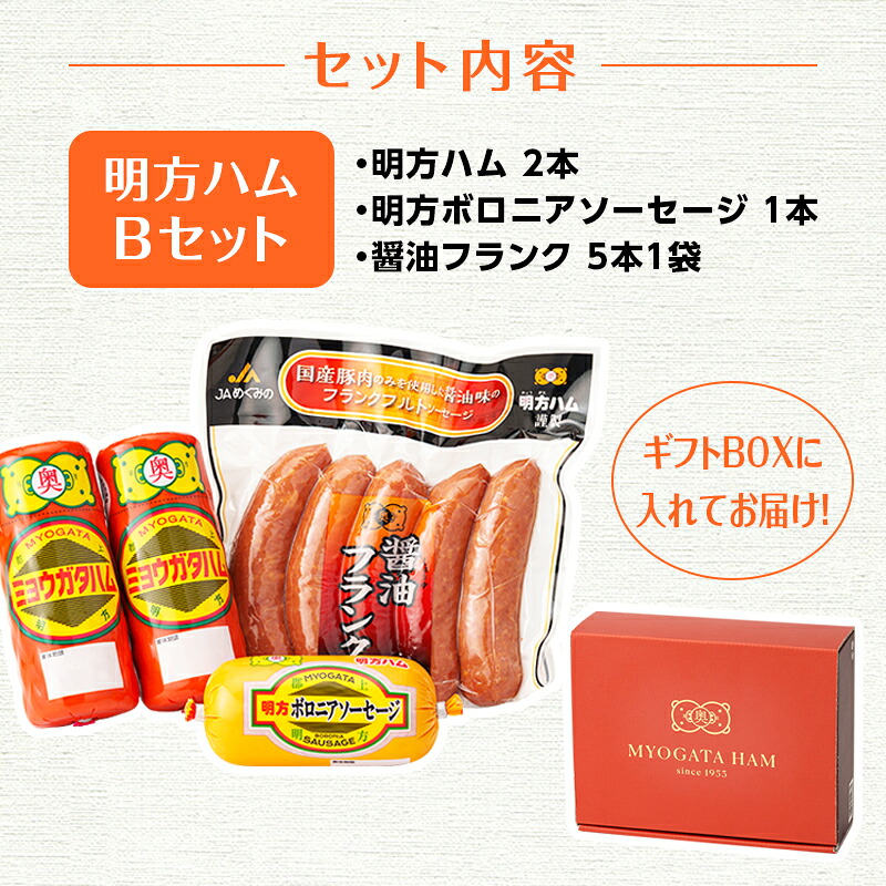 明方ハム 詰め合わせ Bセット 国産 豚肉 プレスハム ハム ギフト 贈り物 お祝い 本格ハム ソーセージ ウインナー 高級 人気 セット 簡単調理 おかず お弁当 朝食 加工肉 JAめぐみの