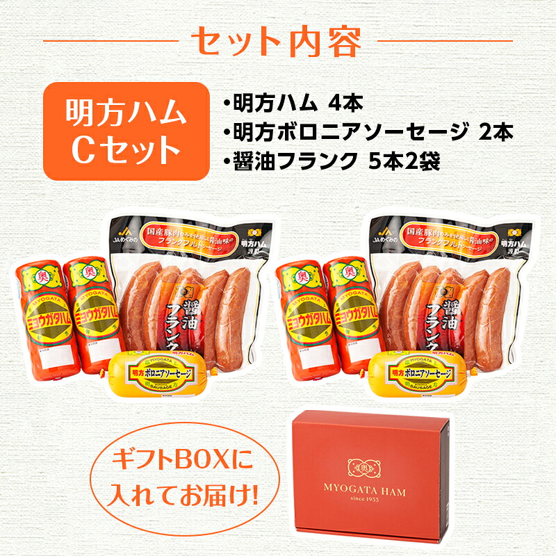 明方ハム 詰め合わせ Cセット 国産 豚肉 プレスハム ハム ギフト 贈り物 お祝い 本格ハム ソーセージ ウインナー 高級 人気 セット 簡単調理 おかず お弁当 朝食 加工肉 JAめぐみの