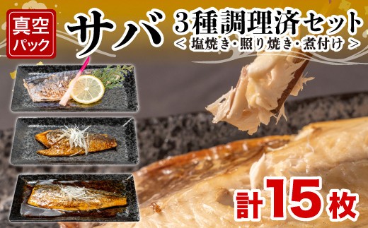 サバ３種 セット 計 15枚 塩焼き 照り焼き 煮付け 鯖 さば 調理済み 簡単 調理 冷凍 惣菜 静岡県 沼津市