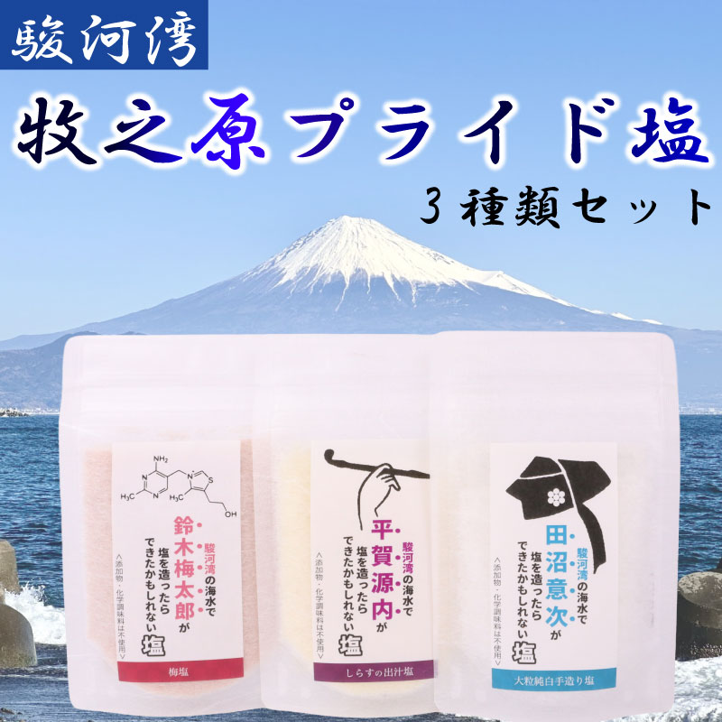 【調味料】牧之原プライド 塩 3種 セット 駿河湾 海水  大粒 純白 手作り しらす 出汁 梅 田沼意次 平賀源内 鈴木梅太郎 海まで0分の宿 静岡県 牧之原市